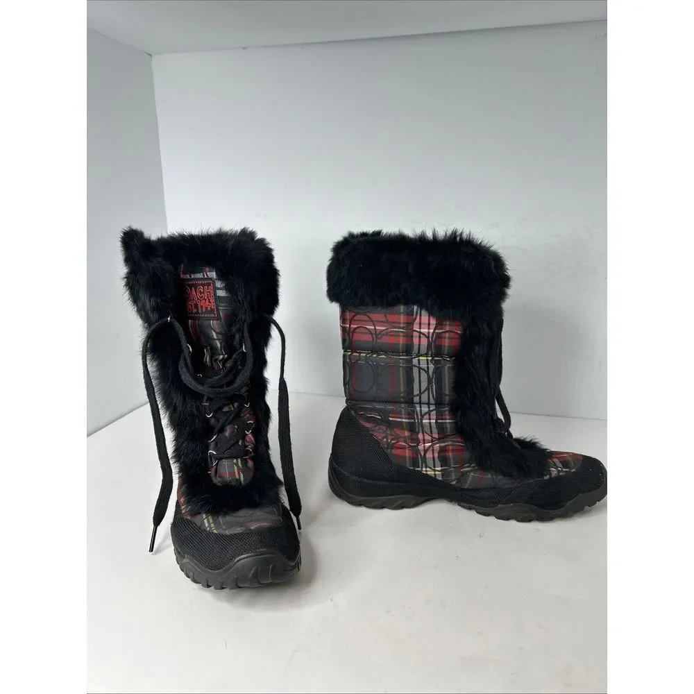 Coach Jennie Signature Rabbit Fur Black & Red Plaid Boots RARE‎ Size 9.5 EUC